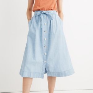 Madewell Tie Palisade Button Front Midi Skirt in Chambray Pockets 100% Cotton